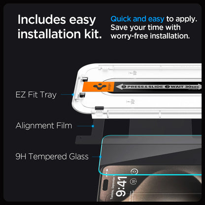 AGL06892 - iPhone 15 Pro Screen Protector EZ FIT GLAS.tR (Sensor Protection) includes easy installation kit. Quick and easy to apply. Save your time with worry free installation. EZ Fit tray, Alignment film, 9H tempered glass.