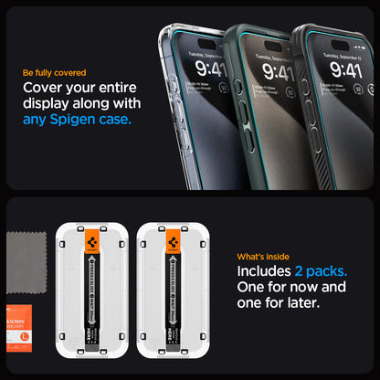 AGL06892 - iPhone 15 Pro Screen Protector EZ FIT GLAS.tR (Sensor Protection) be fully covered. Cover your entire display along with any spigen case. what's inside. Includes 2 packs one for now and one for later.