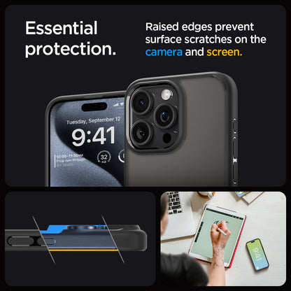 ACS06713 - iPhone 15 Pro Case Ultra Hybrid in matte black showing the essential protection. Raised edges prevent surface scratches on the camera