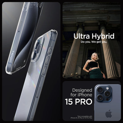 ACS06707 - iPhone 15 Pro Case Ultra Hybrid in crystal clear showing the compatibility only with iPhone 15 Pro. Not compatible with iPhone 15, 15 Plus or 15 Pro Max