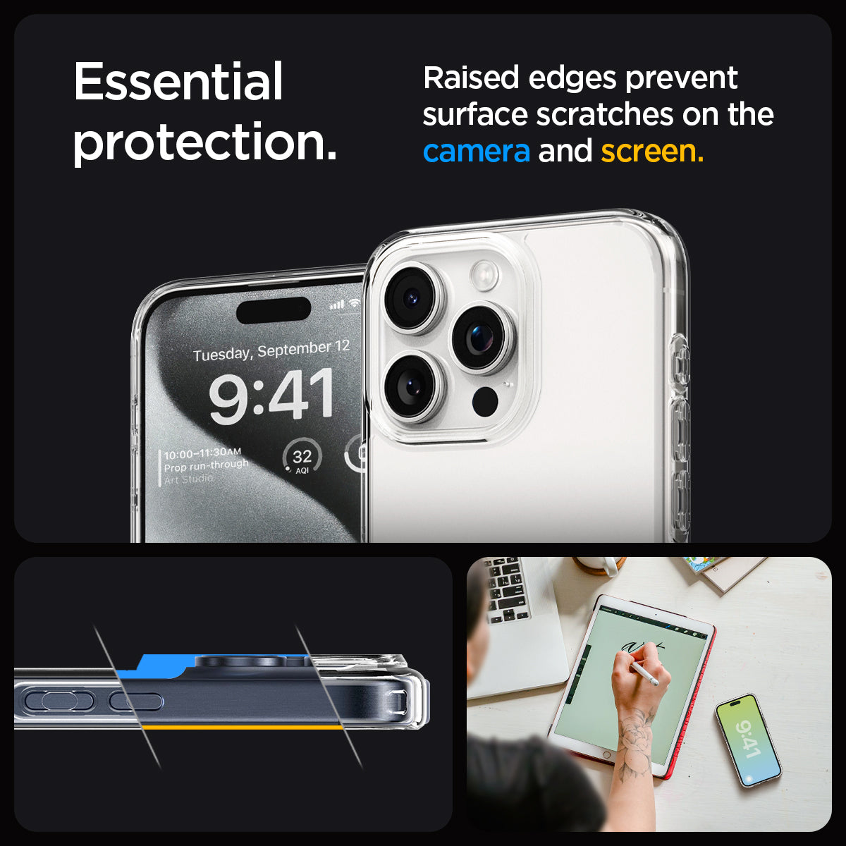 ACS06707 - iPhone 15 Pro Case Ultra Hybrid in crystal clear showing the essential protection. Raised edges prevent surface scratches on the camera