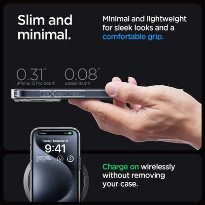 ACS06707 - iPhone 15 Pro Case Ultra Hybrid in crystal clear showing the slim and minimal. Minimal and lightweight for sleek looks and a comfortable grip. 0.31" iPhone 15 Pro Max depth 0.08" Charge on wirelessly without removing your case