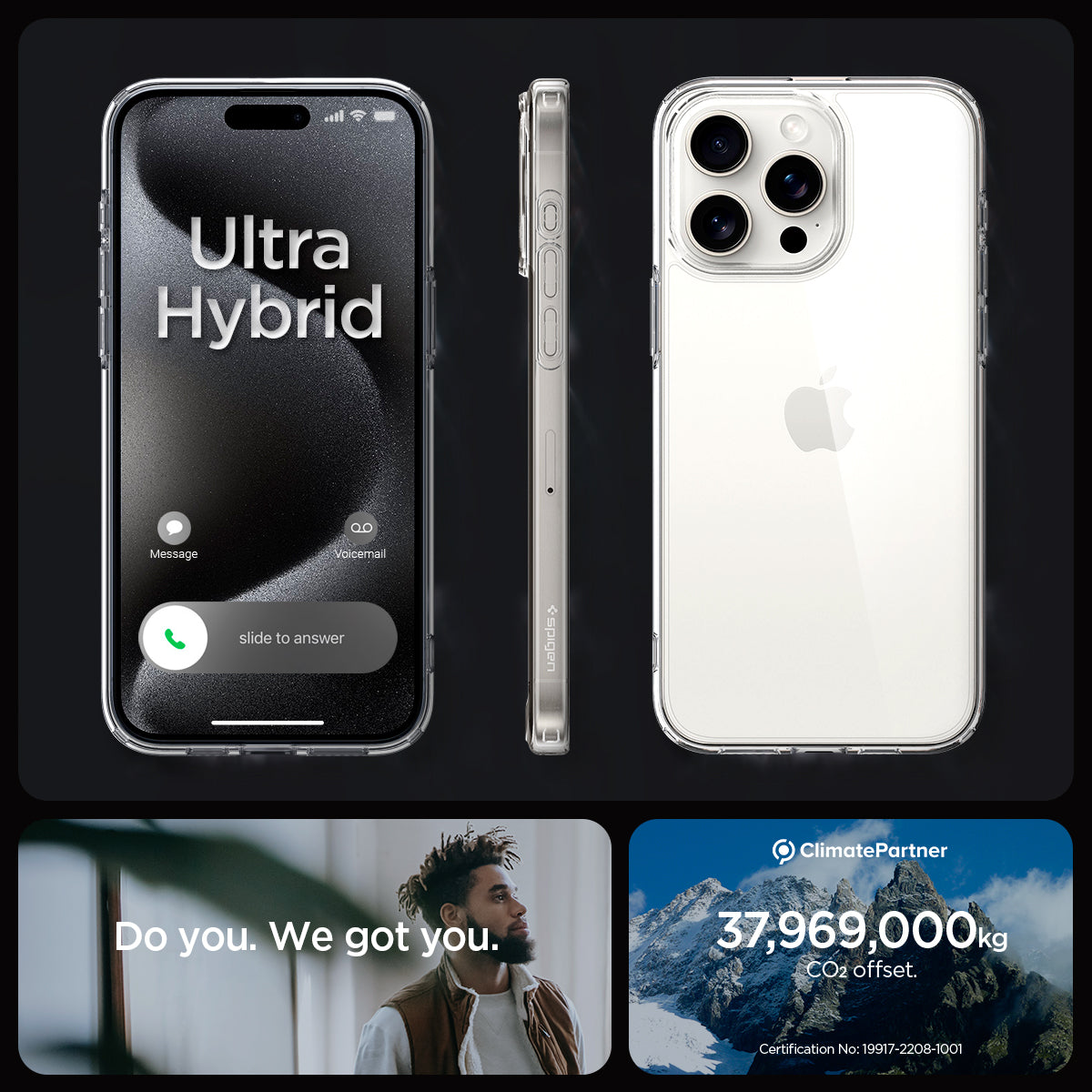ACS06707 - iPhone 15 Pro Case Ultra Hybrid in crystal clear showing the different angles
