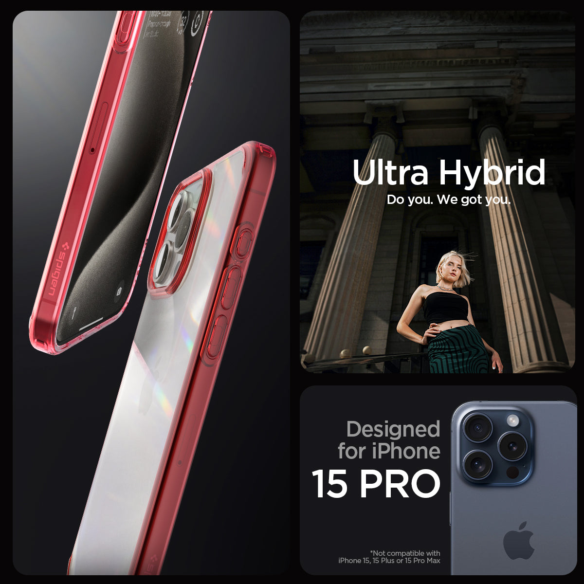 ACS07055 - iPhone 15 Pro Case Ultra Hybrid in red crystal showing the compatibility only with iPhone 15 Pro. Not compatible with iPhone 15, 15 Plus or 15 Pro Max