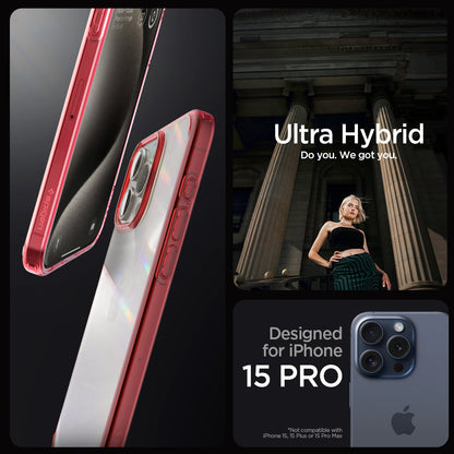 ACS07055 - iPhone 15 Pro Case Ultra Hybrid in red crystal showing the compatibility only with iPhone 15 Pro. Not compatible with iPhone 15, 15 Plus or 15 Pro Max