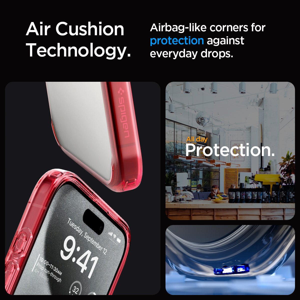 ACS07054 - iPhone 15 Pro Case Ultra Hybrid in deep red showing the air cushion technology. Airbag-like corners for protection against everyday drops