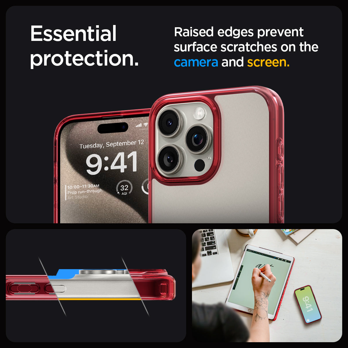 ACS07055 - iPhone 15 Pro Case Ultra Hybrid in red crystal showing the essential protection. Raised edges prevent surface scratches n the camera and screen