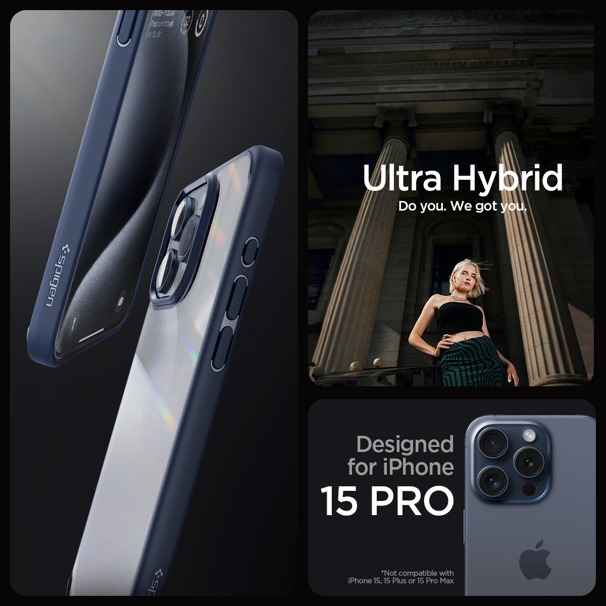 ACS06711 - iPhone 15 Pro Case Ultra Hybrid in navy blue showing the compatibility only with iPhone 15 Pro. Not compatible with iPhone 15, 15 Plus or 15 Pro Max