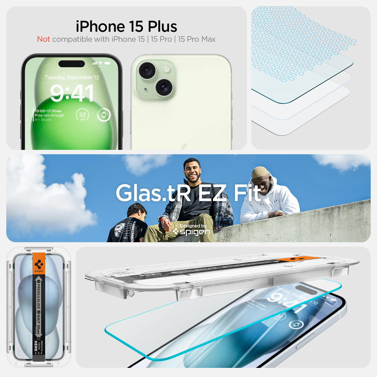 AGL06883 - iPhone 15 Plus Screen Protector EZ FIT GLAS.tR (Sensor Protection) iPhone 15 plus. Not compatible with iPhone 15, 15pro, 15 pro max. Glas.tR EZ Fit. designed by spigen.
