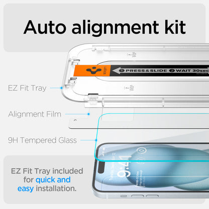 AGL06883 - iPhone 15 Plus Screen Protector EZ FIT GLAS.tR (Sensor Protection) auto alignment kit. EZ Fit tray, Alignment film, 9H tempered glass, EZ fit tray included for quick and easy installation.