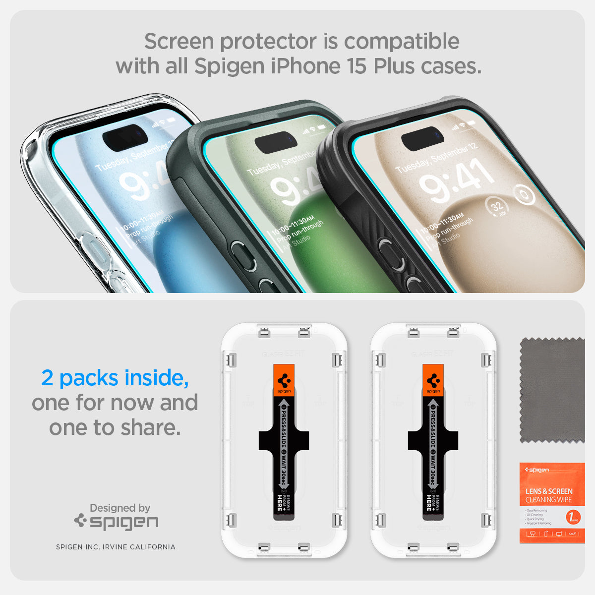 AGL06883 - iPhone 15 Plus Screen Protector EZ FIT GLAS.tR (Sensor Protection) screen protector is compatible with all spigen iPhone 15 Plus cases. 2packs inside, one for now and one to share. designed by spigen.
