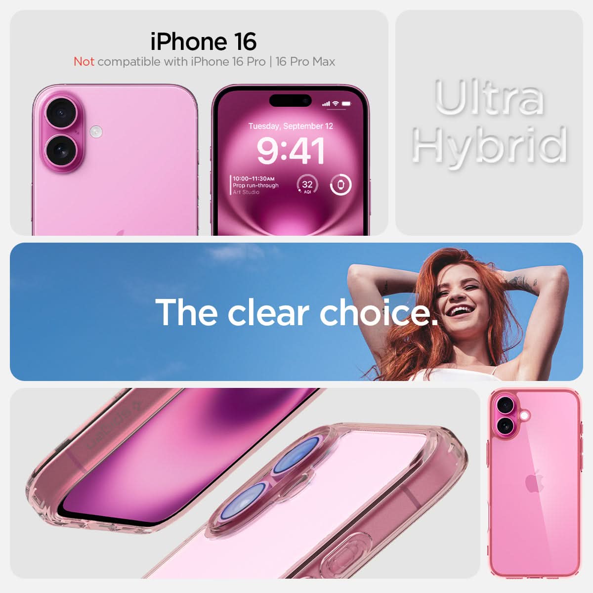 ACS08198 - iPhone 16 Case Ultra Hybrid in Rose Crystal iPhone 16 plus. not compatible with iPhone 16 pro, 16 pro max. ultra hybrid. the clear choice.