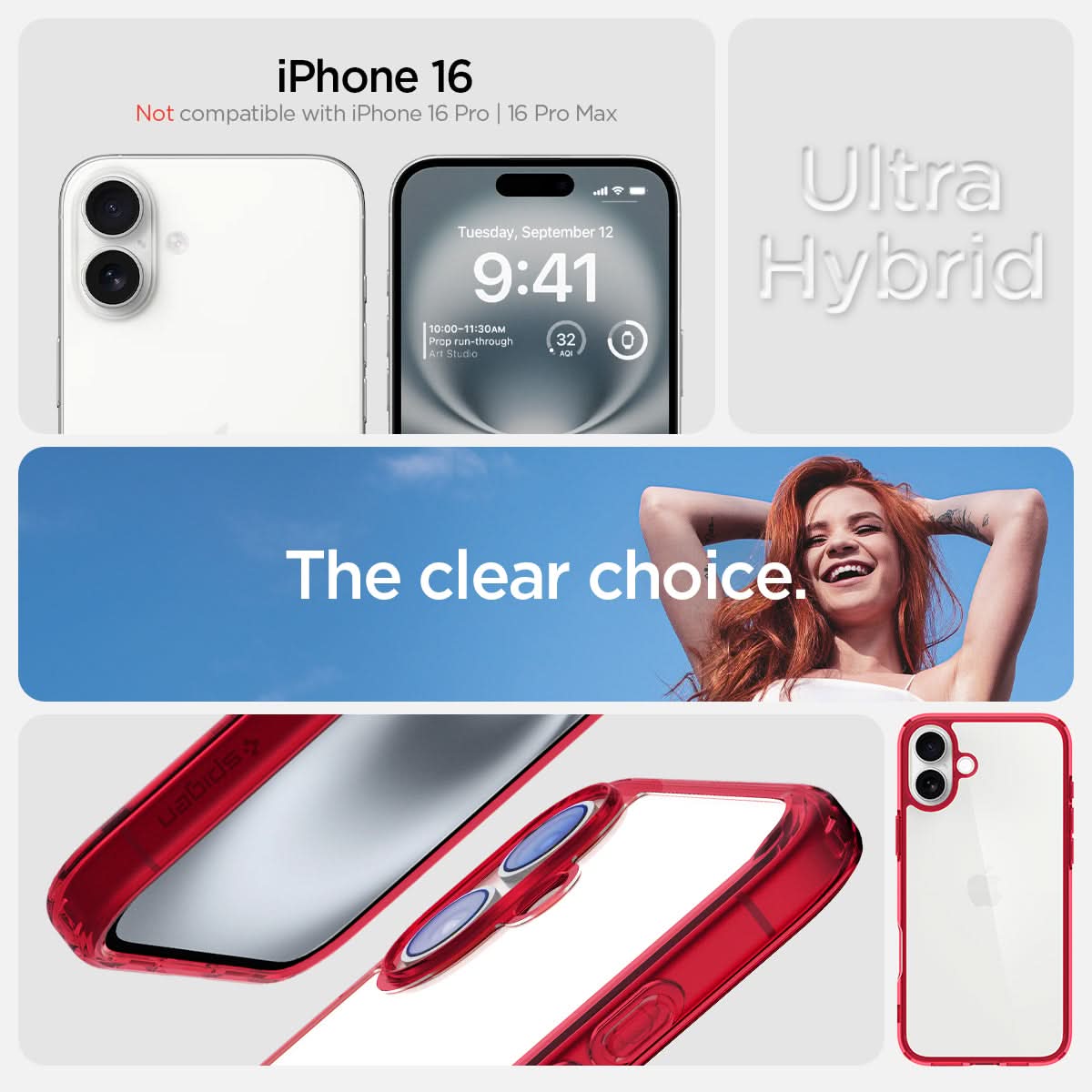 ACS08203 - iPhone 16 Case Ultra Hybrid in Red Crystal iPhone 16 plus. not compatible with iPhone 16 pro, 16 pro max. ultra hybrid. the clear choice.