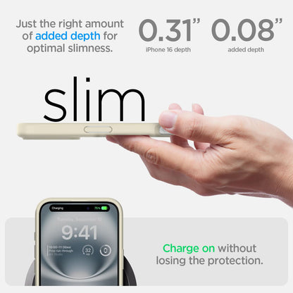 ACS08073 - iPhone 16 Plus Case Ultra Hybrid in Mute Beige just the right amount of added depth for optimal slimness. 0.31" iPhone 16 depth, 0.08" added depth. charge on without losing the protection.