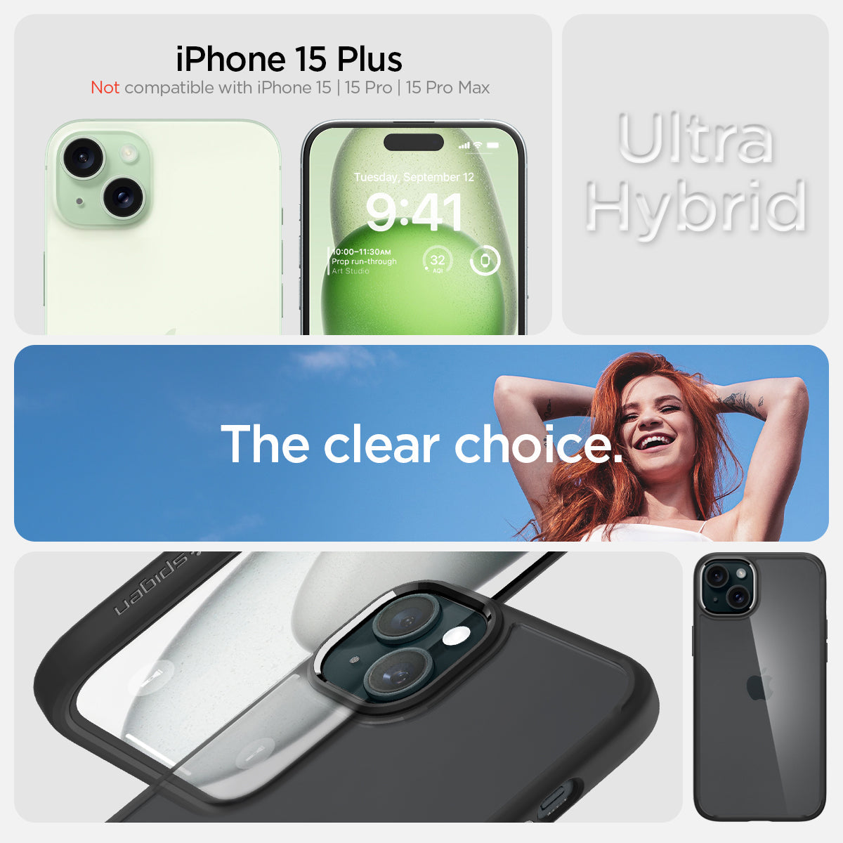 ACS06657 - iPhone 15 Plus Case Ultra Hybrid in matte black showing the compatibility only with iPhone 15 Plus. Not compatible with iPhone 15 | 15 Pro | 15 Pro Max
