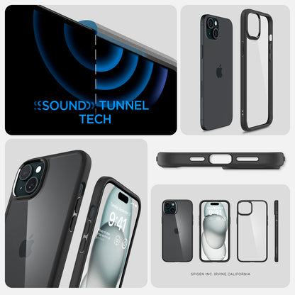 ACS06657 - iPhone 15 Plus Case Ultra Hybrid in matte black showing the sound tunnel tech