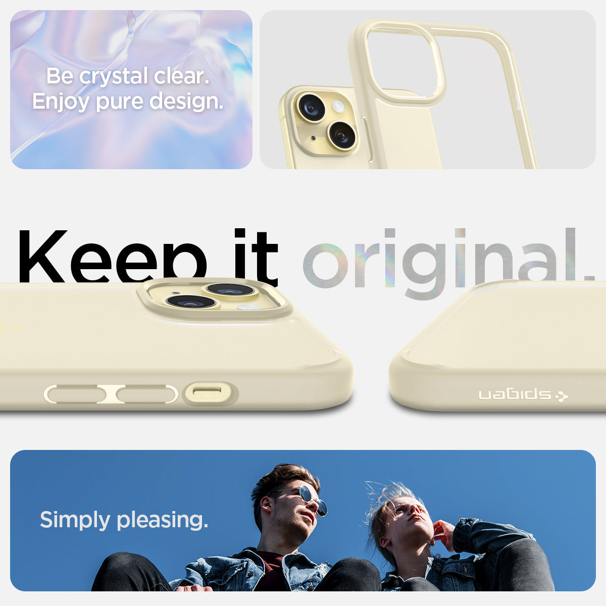 ACS06658 - iPhone 15 Plus Case Ultra Hybrid in mute beige showing the simply pleasing crystal clear pure design