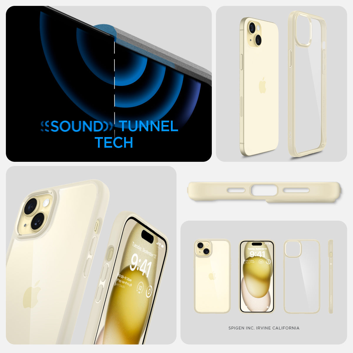 ACS06658 - iPhone 15 Plus Case Ultra Hybrid in mute beige showing the sound tunnel tech