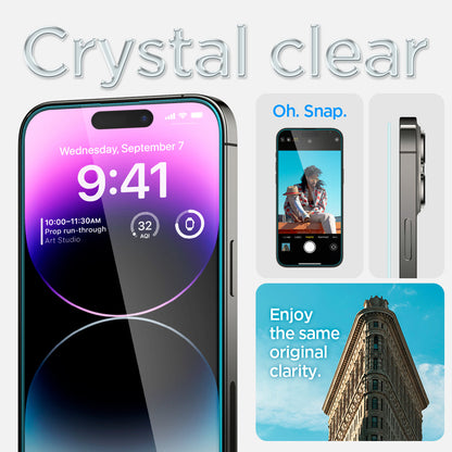 AGL05202 - iPhone 14 Pro Max Screen Protector EZ FIT GLAS.tR (Sensor Protection) showing crystal clear. Oh snap. enjoy the same original clarity.