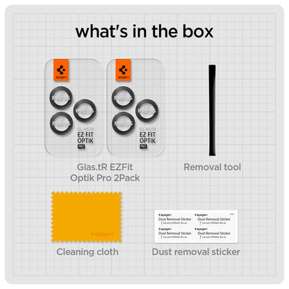 AGL05205 - iPhone 16 Pro / 16 Pro Max Optik Pro Lens Protector in black what's in the box. Glas.tR EZFit Optik Pro 2Pack (black), Removal tool, Cleaning tool, Dust removal sticker.