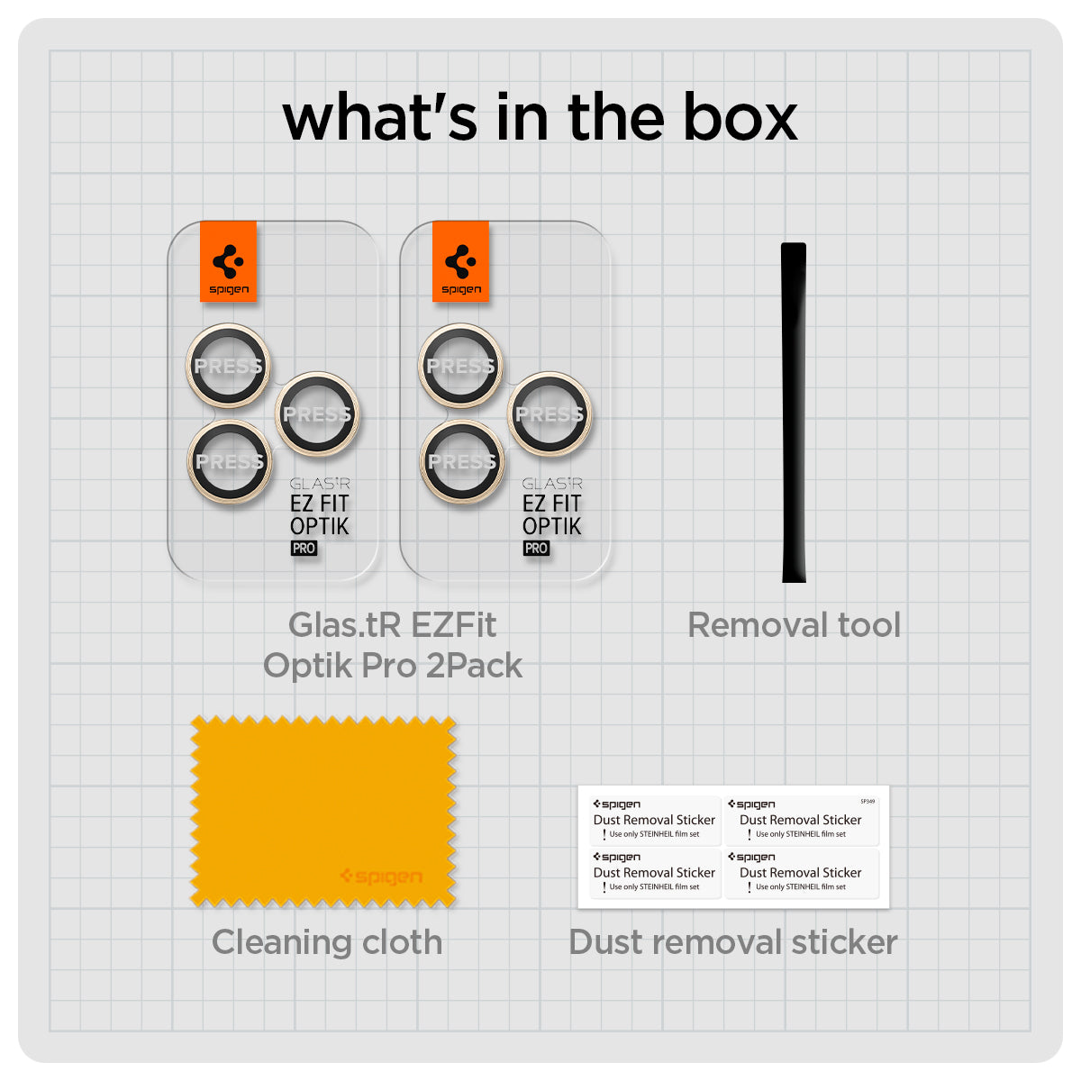 AGL05598 - iPhone 15 Pro / 15 Pro Max Optik Pro Lens Protector in gold what's in the box. Glas.tR EZFit Optik Pro 2Pack (black), Removal tool, Cleaning tool, Dust removal sticker.