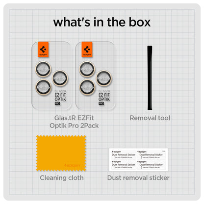 AGL05598 - iPhone 15 Pro / 15 Pro Max Optik Pro Lens Protector in gold what's in the box. Glas.tR EZFit Optik Pro 2Pack (black), Removal tool, Cleaning tool, Dust removal sticker.