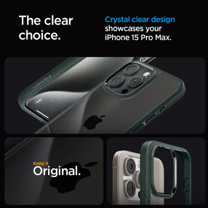 ACS06574 - iPhone 15 Pro Max Case Ultra Hybrid in abyss green showing the clear choice. Crystal clear design showcases your iPhone 15 Pro Max