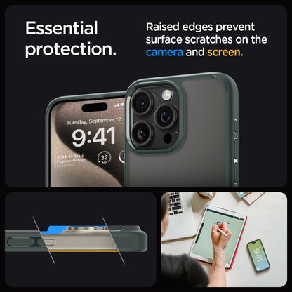 ACS06574 - iPhone 15 Pro Max Case Ultra Hybrid in abyss green showing the essential protection. Raised edges prevent surface scratches on the camera