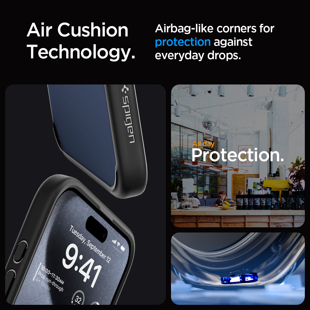 ACS06570 - iPhone 15 Pro Max Case Ultra Hybrid in matte black showing the air cushion technology. Airbag-like corners for protection against everyday drops