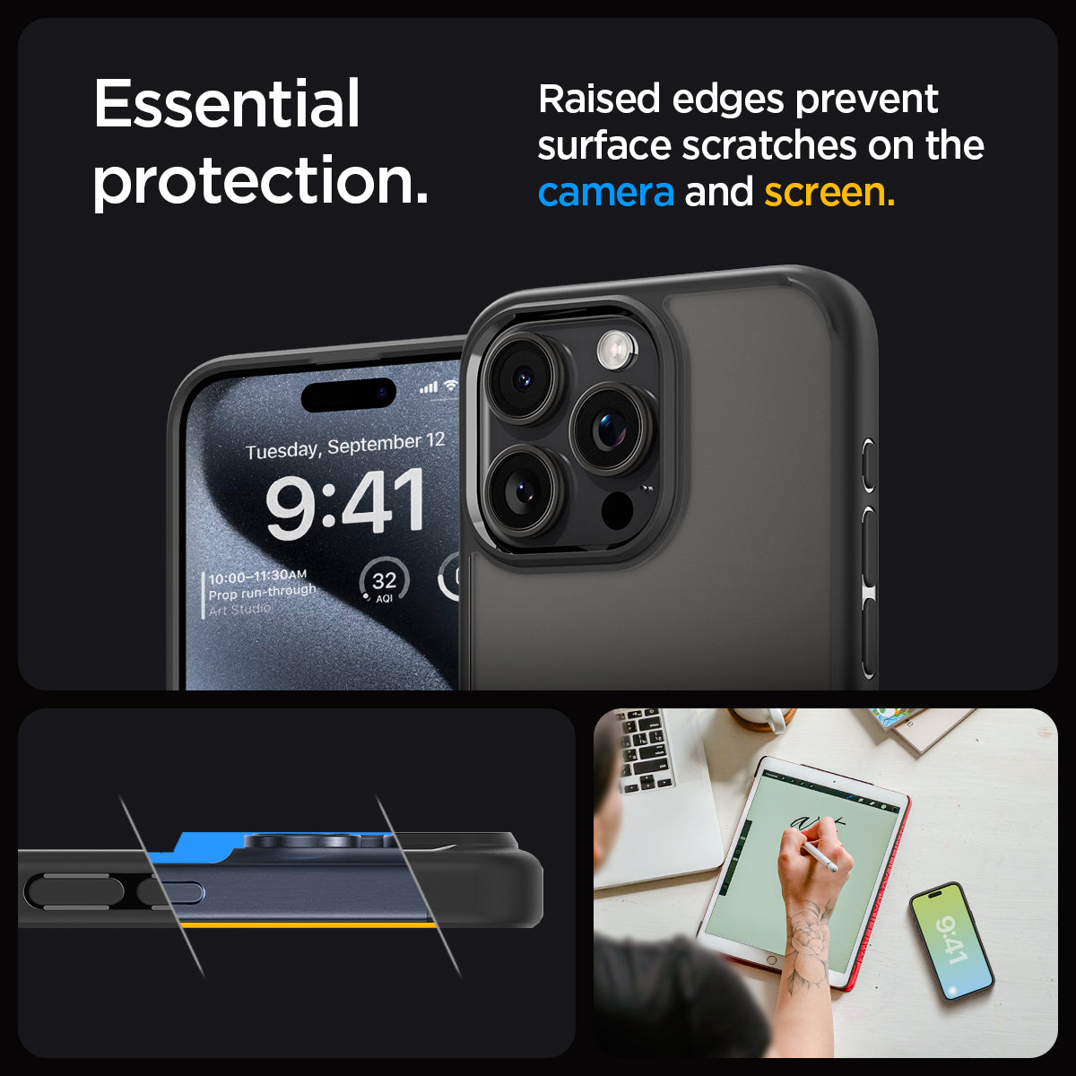 ACS06570 - iPhone 15 Pro Max Case Ultra Hybrid in matte black showing the essential protection. Raised edges prevent surface scratches on the camera