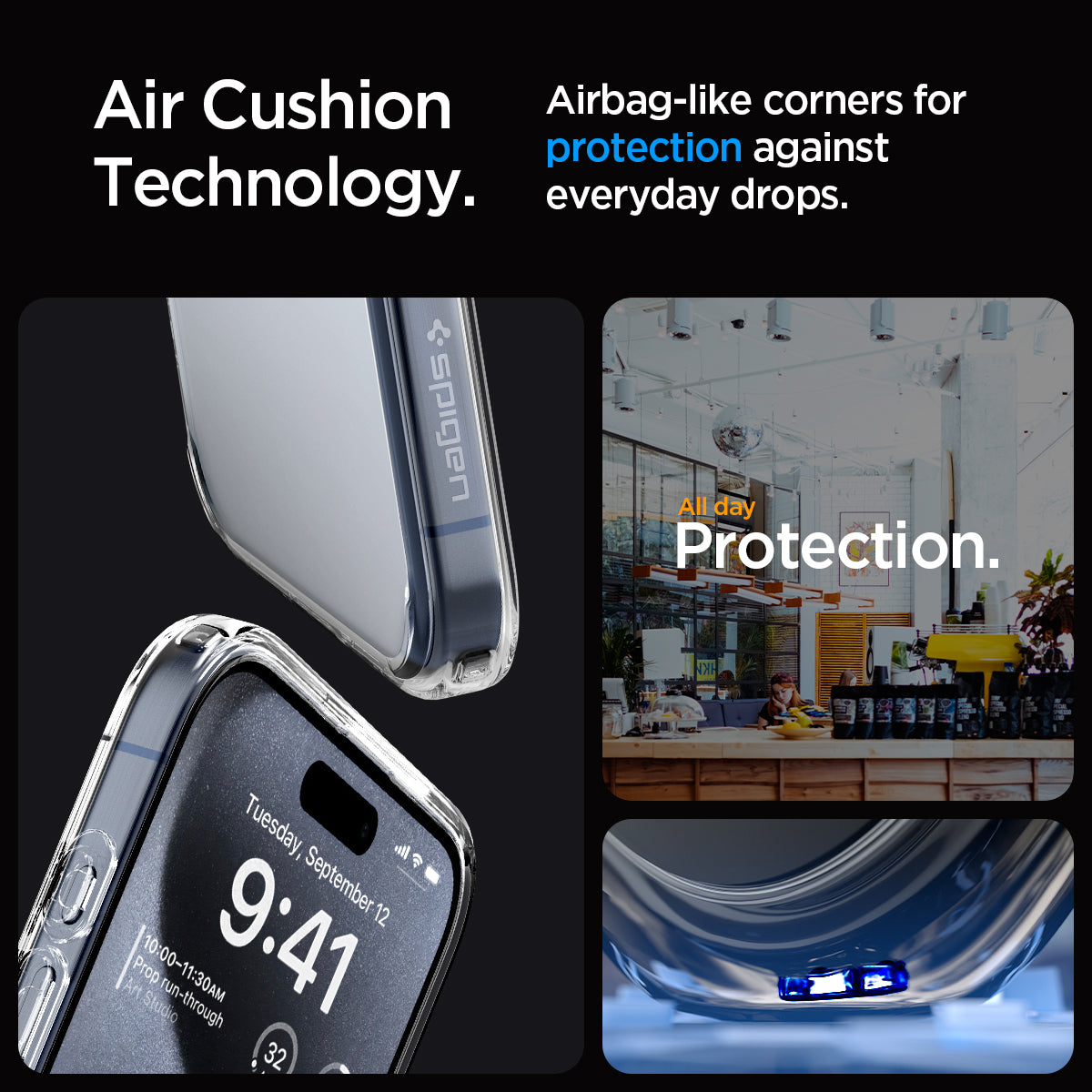 ACS06565 - iPhone 15 Pro Max Case Ultra Hybrid in crystal clear showing the air cushion technology. Airbag-like corners for protection against everyday drops