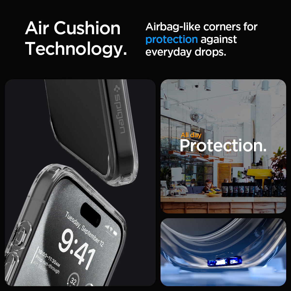 ACS06575 - iPhone 15 Pro Max Case Ultra Hybrid in space crystal showing the air cushion technology. Airbag-like corners for protection against everyday drops