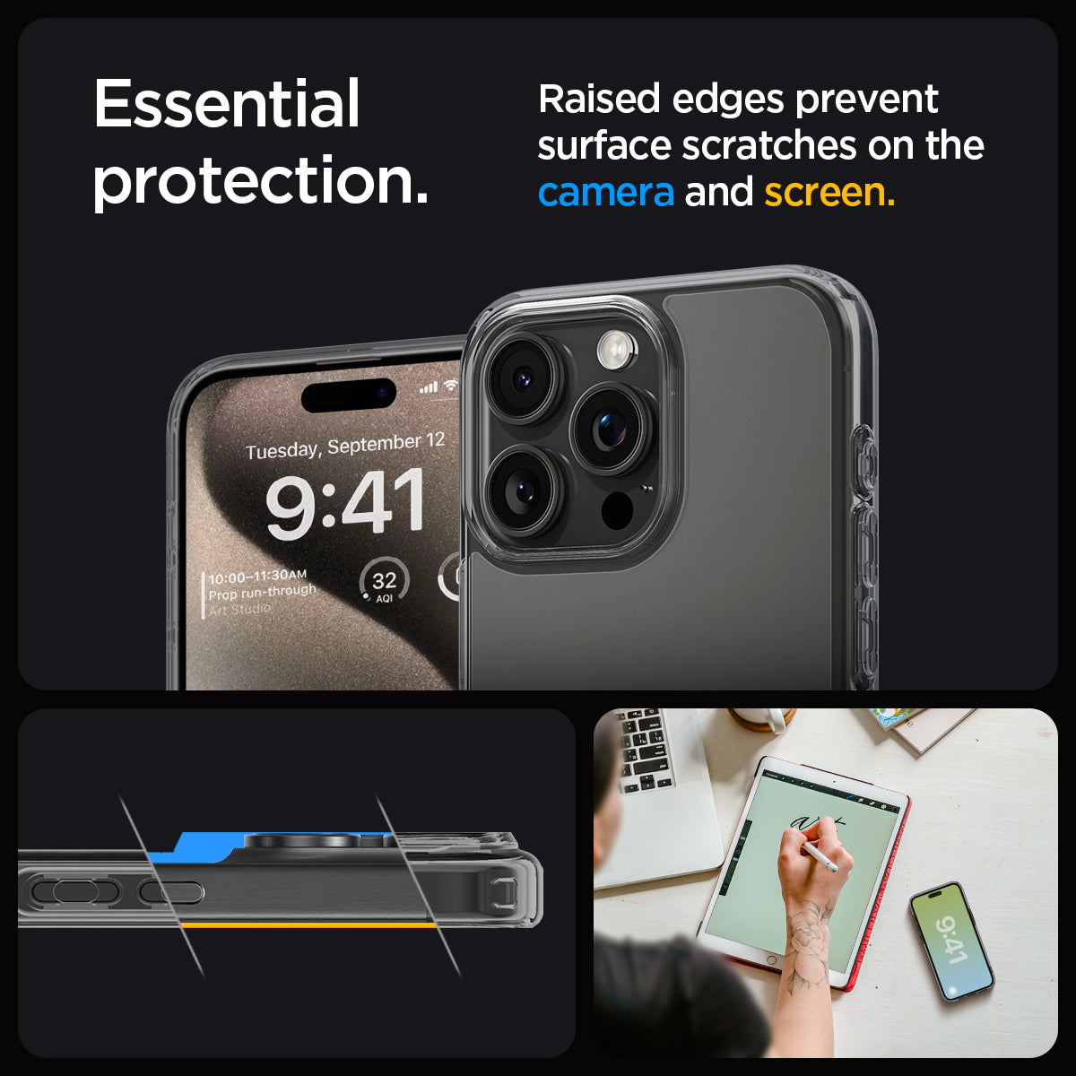 ACS06575 - iPhone 15 Pro Max Case Ultra Hybrid in space crystal showing the essential protection. Raised edges prevent surface scratches on the camera