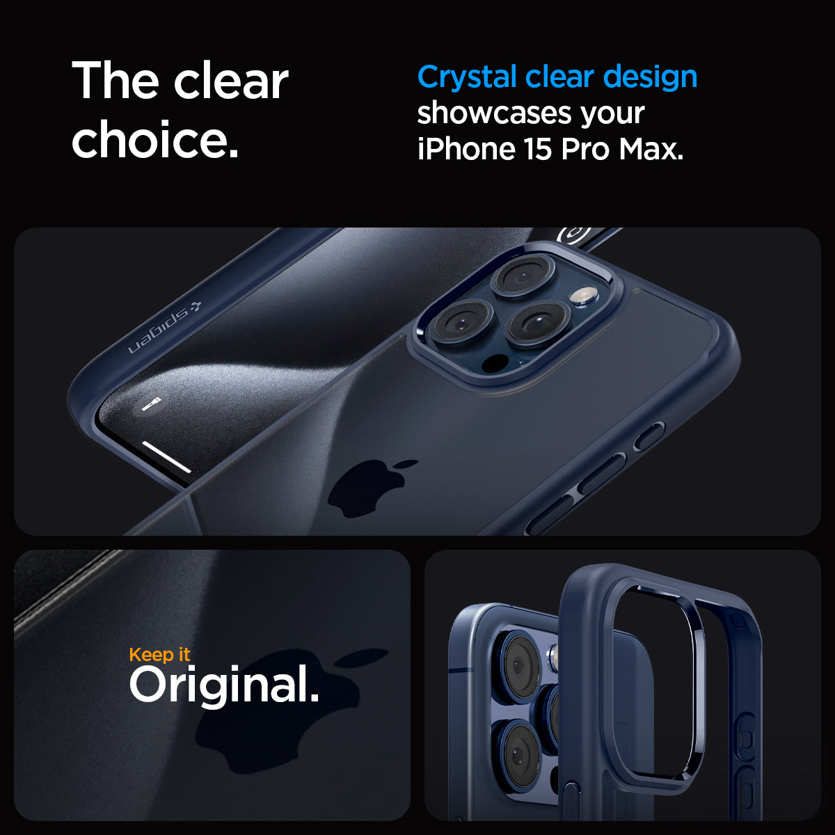 ACS06573 - iPhone 15 Pro Max Case Ultra Hybrid in navy blue showing the clear choice. Crystal clear design showcases your iPhone 15 Pro Max