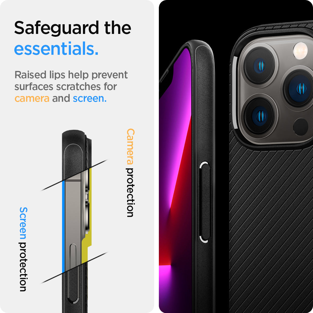 ACS03226 - iPhone 13 Pro Max Case Mag Armor in black showing the raised lips help prevent surfaces scratches for camera and screen. Camera protection and Screen protection