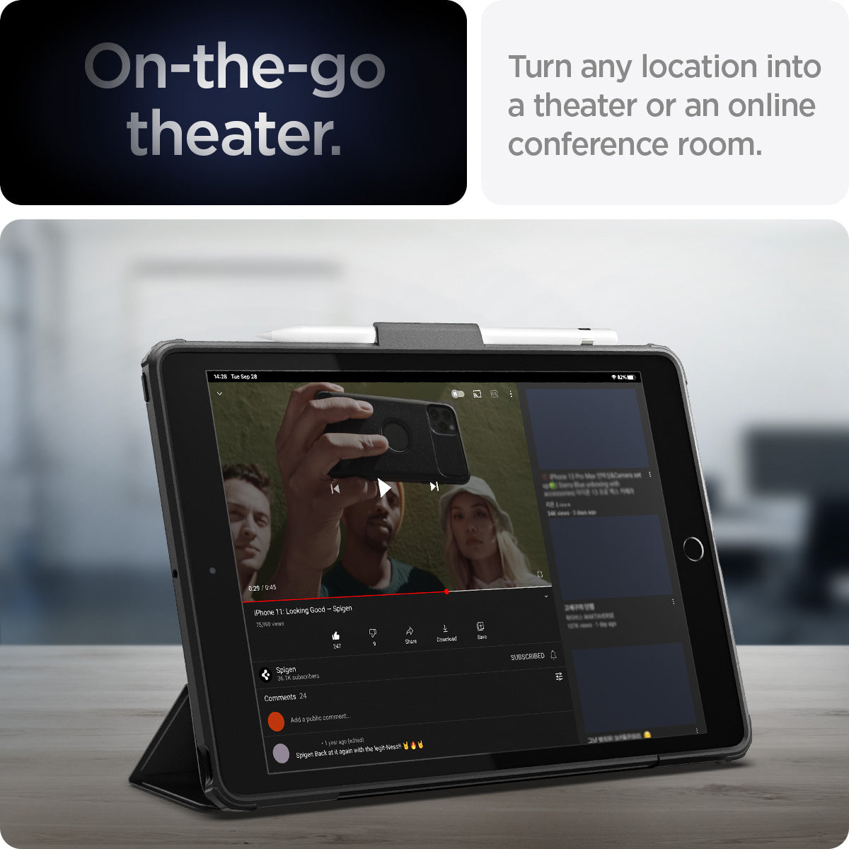 ACS03906 - iPad 10.2" Case Ultra Hybrid Pro in black showing the on-the-go theater. Turn any location into a theater or an online conference room