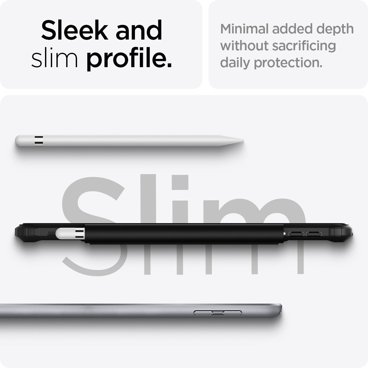 ACS03906 - iPad 10.2" Case Ultra Hybrid Pro in black showing the sleek and slim profile. Minimal added depth without sacrificing daily protection