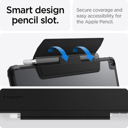 ACS03906 - iPad 10.2" Case Ultra Hybrid Pro in black showing the smart design pencil slot. Secure coverage and easy accessibility for the Apple Pencil
