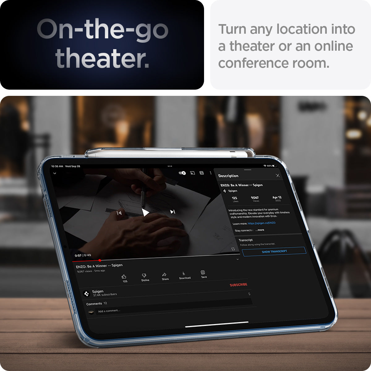 ACS05419 - iPad 10.9" Case Air Skin Hybrid S in crystal clear showing the on-the-go theater. Turn any location into a theater or an online conference room