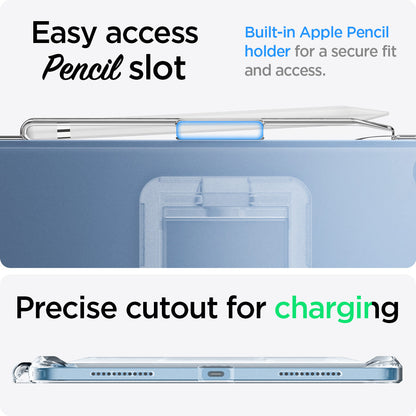 ACS05419 - iPad 10.9" Case Air Skin Hybrid S in crystal clear showing the easy access pencil slot. Built-in Apple Pencil holder for a secure fit and access. Precise cutout for charging