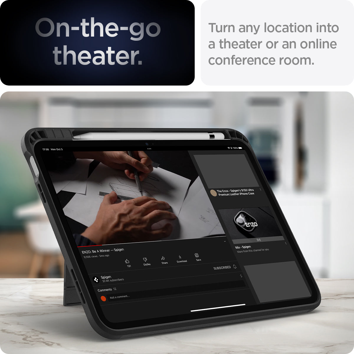 ACS05418 - iPad 10.9" Case Tough Armor Pro in black showing the on-the-go theater. Turn any location into a theater or an online conference room