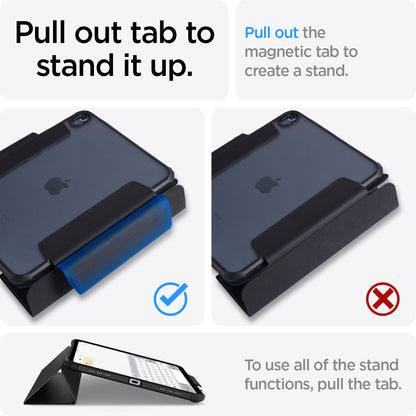 ACS05416 - iPad 10.9" Case Ultra Hybrid Pro in black showing how pulling out the tab to stand it up. Pull out the magnetic tab to create a stand and use all its functions