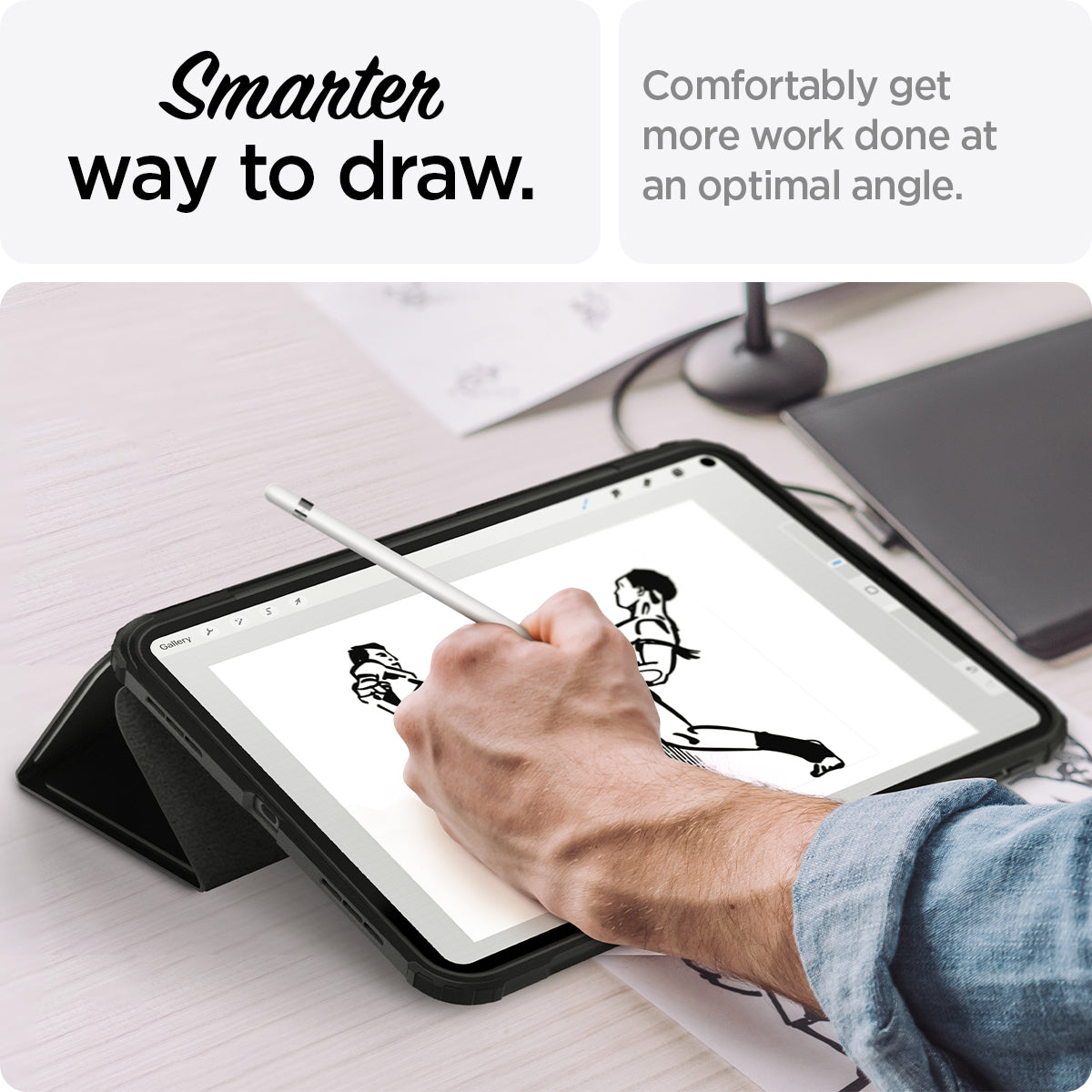 ACS05416 - iPad 10.9" Case Ultra Hybrid Pro in black showing the smarter way to draw. Comfortable get more work done at an optimal angle