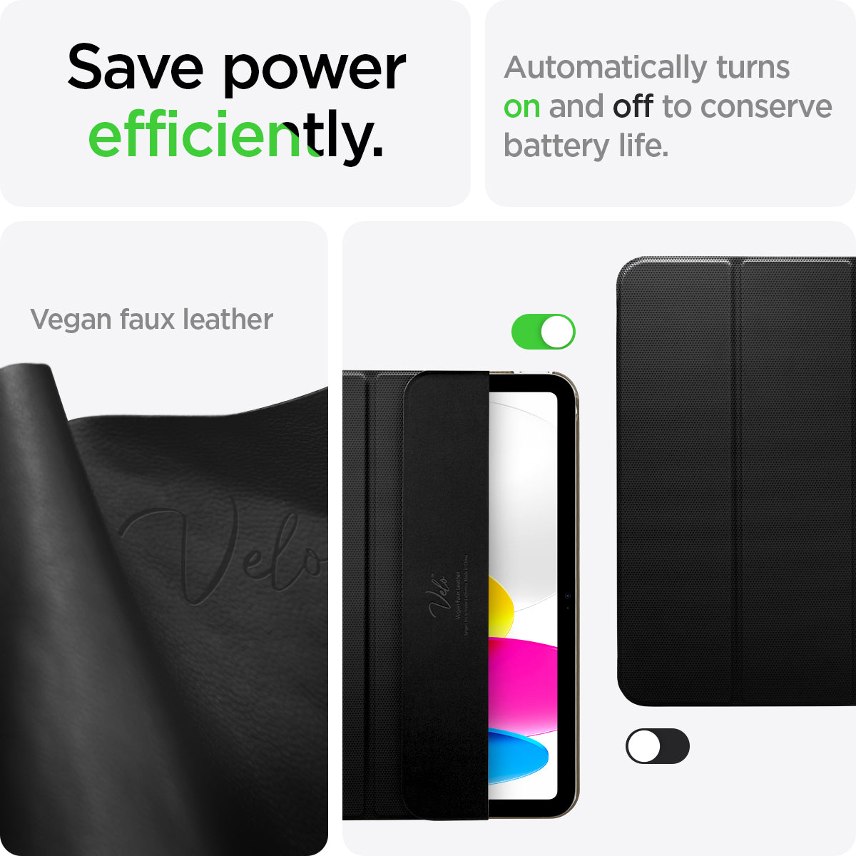 ACS05415 - iPad 10.9" Case Liquid Air Folio in black showing efficiently saves power. Automatically turns on and off to conserve battery life made with Vegan faux leather