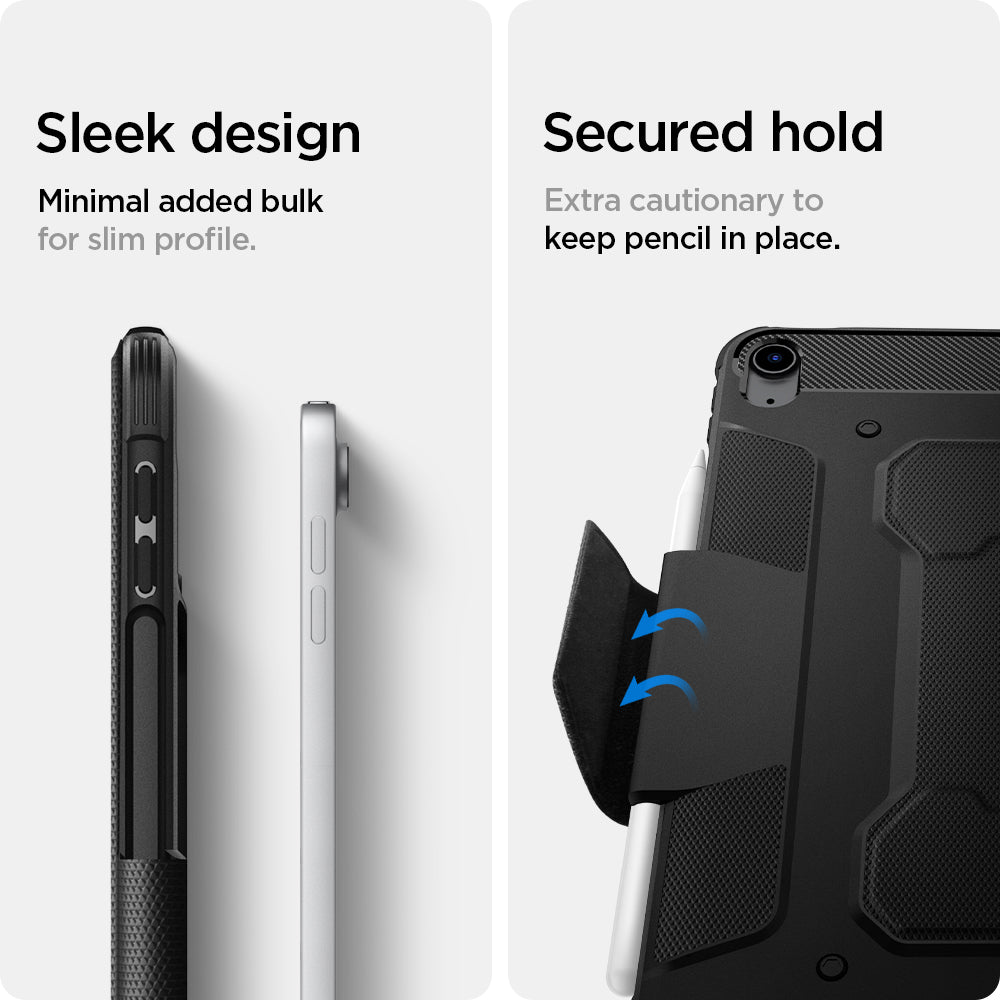 ACS02054 - iPad Air 10.9" (2022 / 2020) Case Rugged Armor Pro in black showing the sleek design. Minimal added bulk for slim profile. Secure hold. Extra cautionary to keep pencil in place