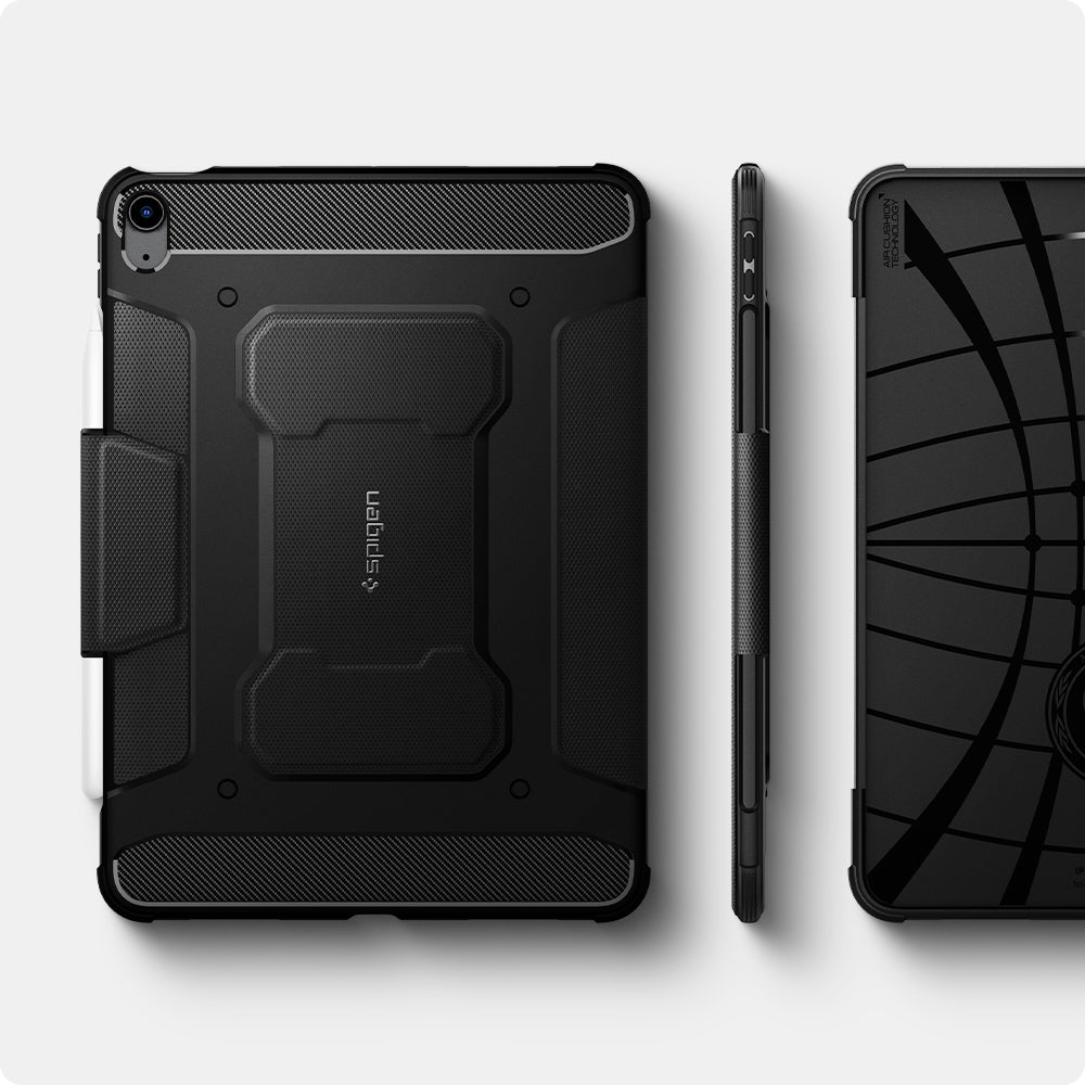 ACS02054 - iPad Air 10.9" (2022 / 2020) Case Rugged Armor Pro in black showing the back, partial inner and side