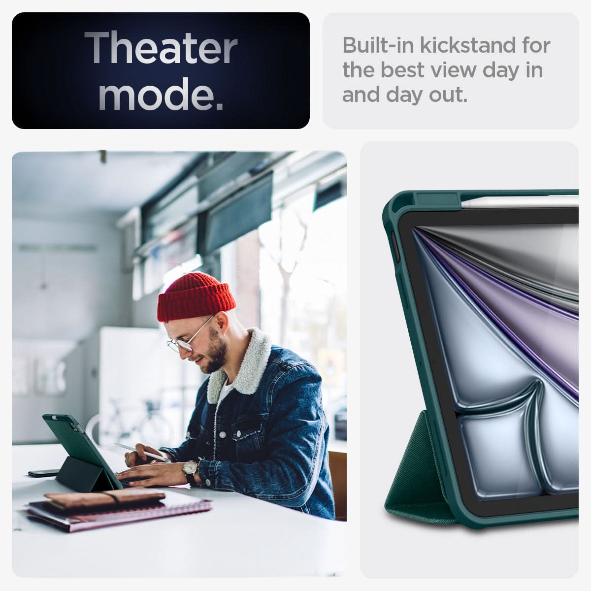 ACS07755 - iPad Air 11-inch (2025/2024) Case Urban Fit in Midnight Green showing the theater mode. Built-in kickstand for the best view day in and day out