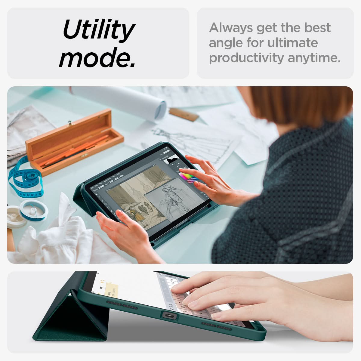 ACS07755 - iPad Air 11-inch (2025/2024) Case Urban Fit in Midnight Green showing the utility mode. Always get the best angle for ultimate productivity anytime