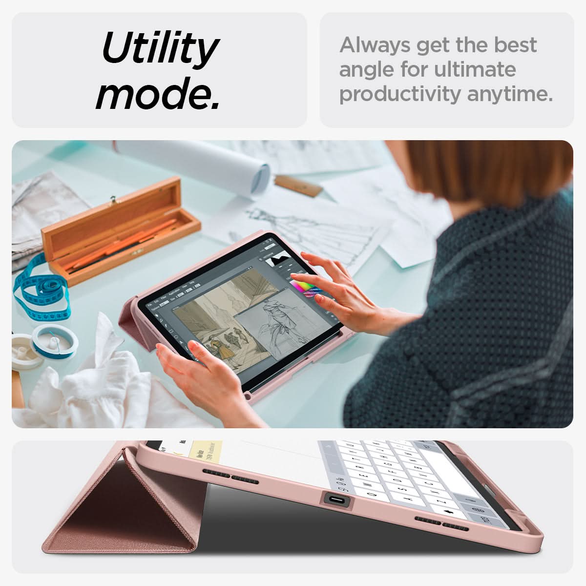 ACS07673 - iPad Air 12.9-inch Case Urban Fit in Rose Gold showing the utility mode. Always get the best angle for ultimate productivity anytime