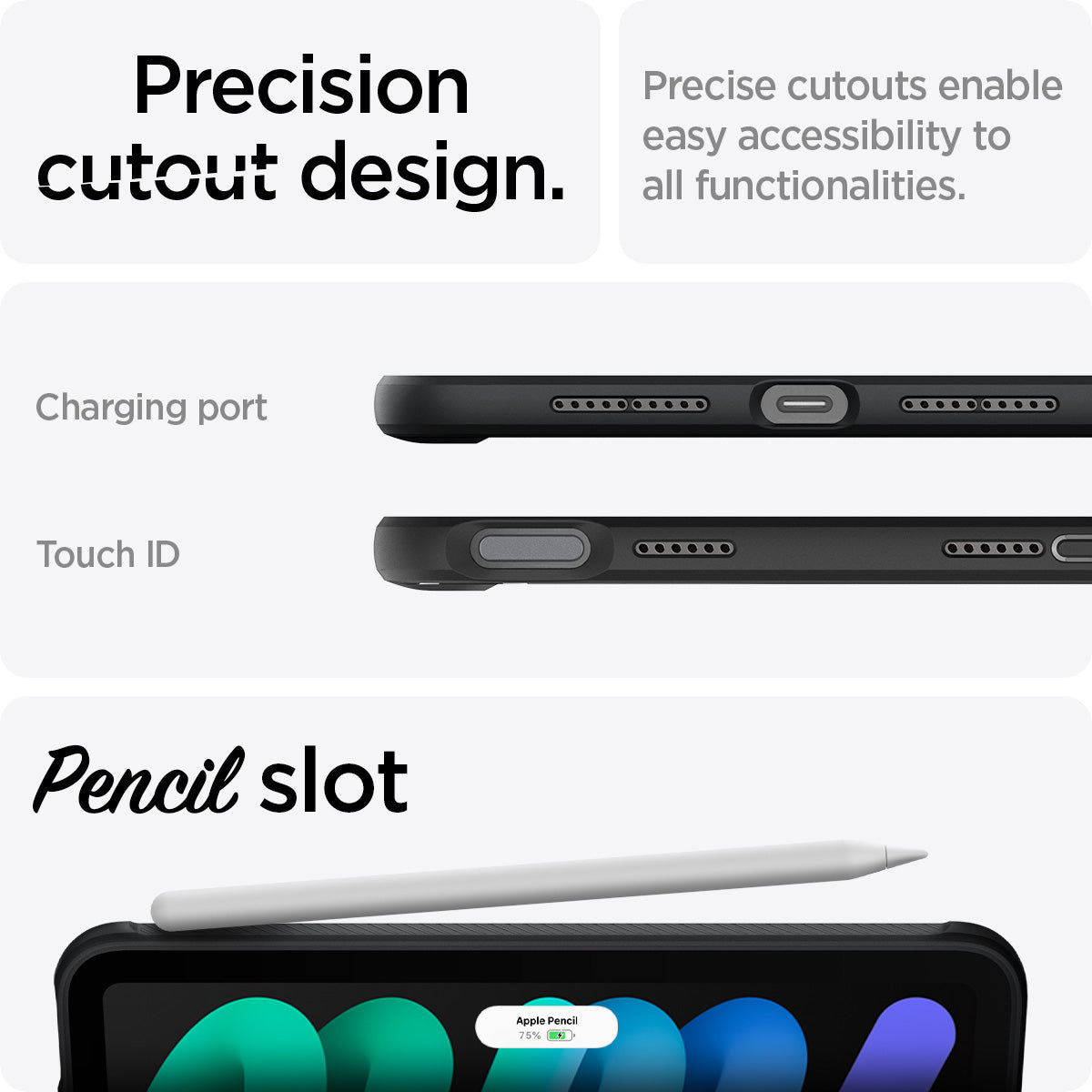 ACS03764 - iPad Mini 6 Case Rugged Armor in matte black showing the precision cutout design. Precise cutouts enable easy accessibility to all functionalities. Charging port, Touch ID and Pencil Slot